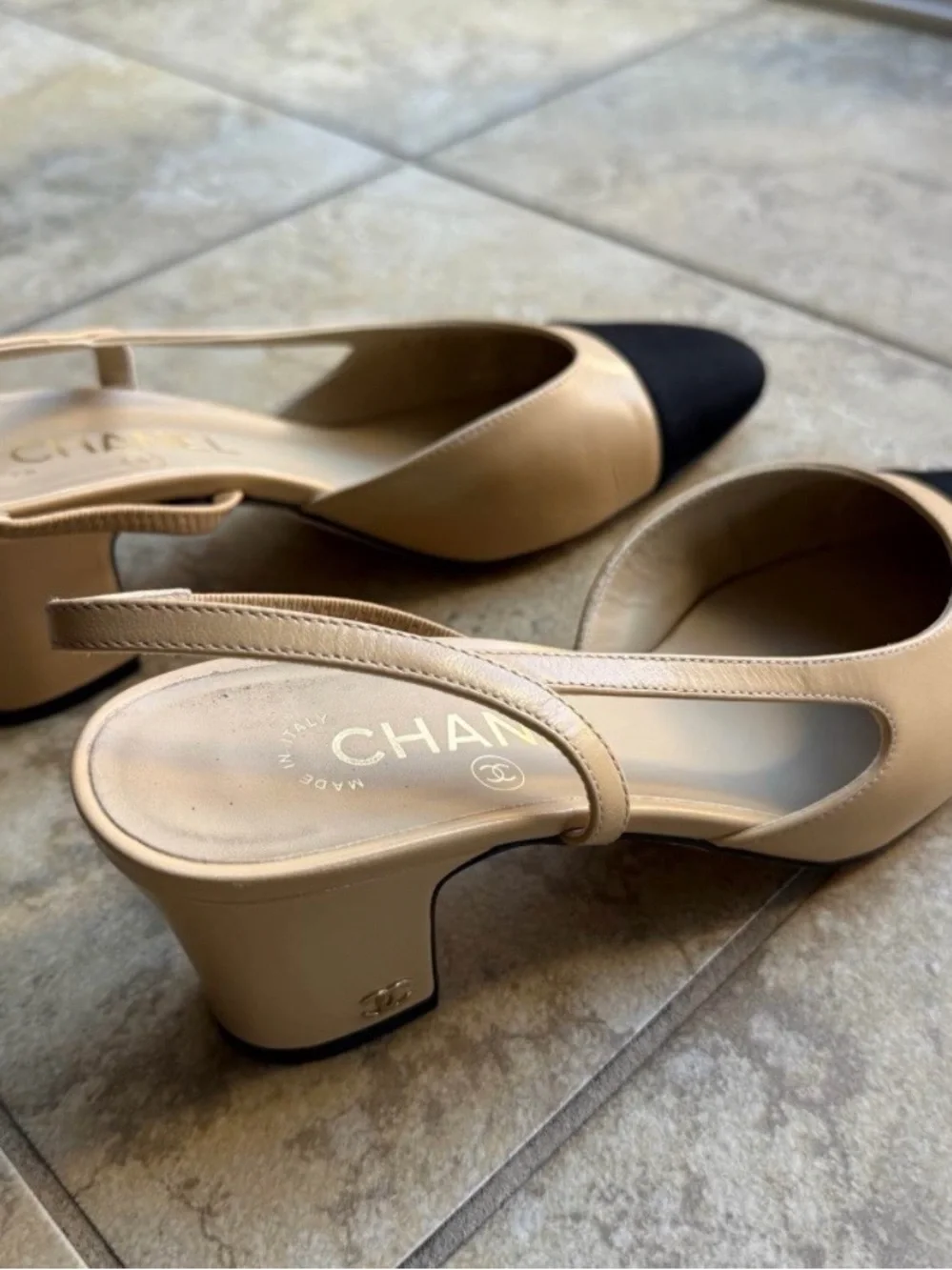 CHANEL Beige and Black Two-Tone Slingback Pumps